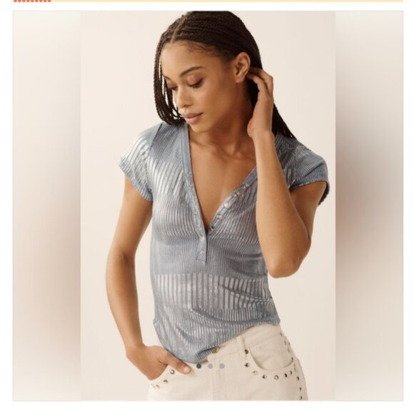 Anthropologie Andie Scoop-Neck Ribbed Henley Top by Pilcro: Shine Edition Size L - Picture 1 of 3